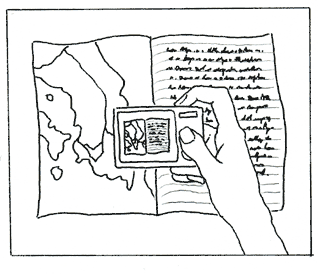 Hand-drawn graphic representing photographing a page in a Field Papers atlas